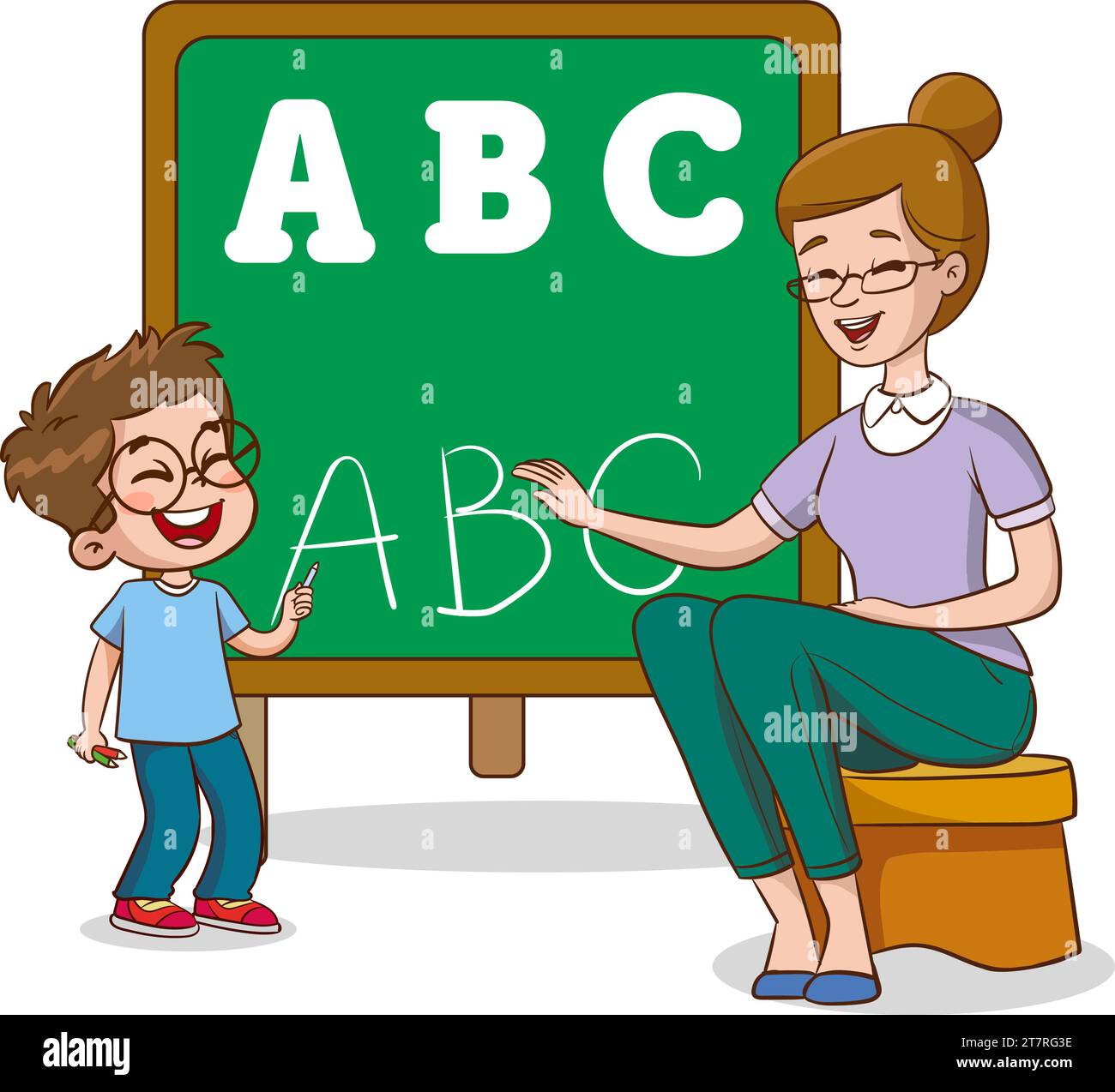 School teacher and children studying in classroom vector illustration. Cartoon teacher educating student children, standing at classroom blackboard Stock Vector