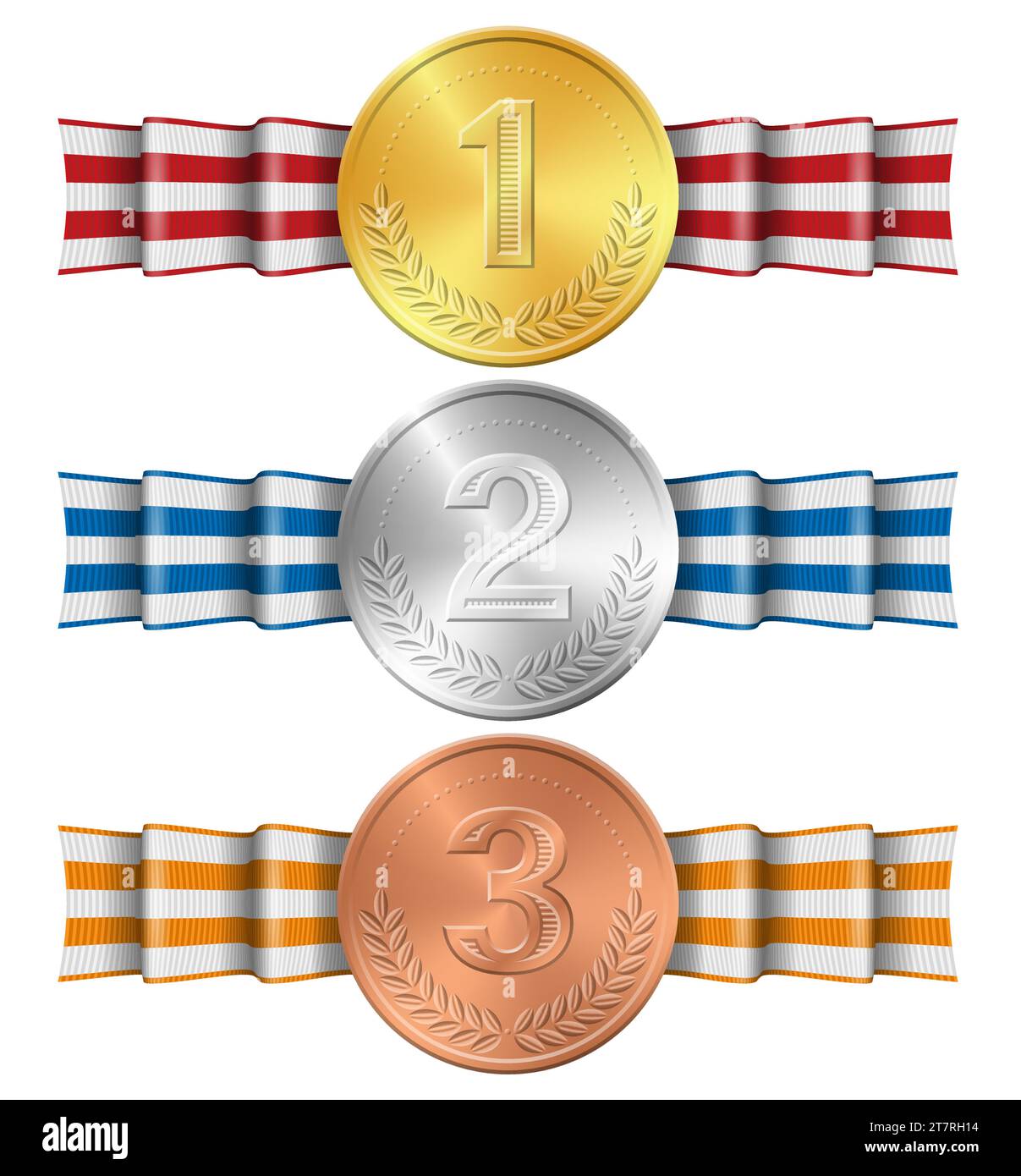 Golden, silver, bronze sports medal realistic vector illustration. Set