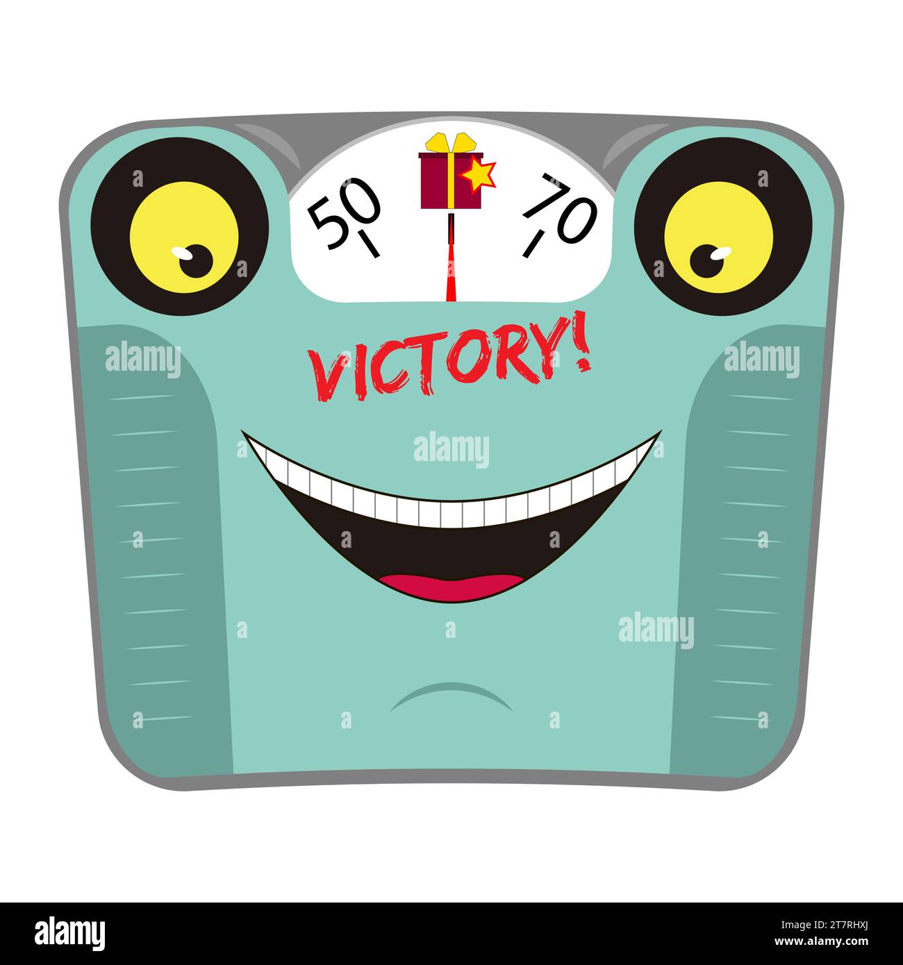 Funny mechanical bathroom scale with face and smile. Victory over excess weight. Concept healthy lifestyle. Cartoon character. Vector illustration. Stock Vector