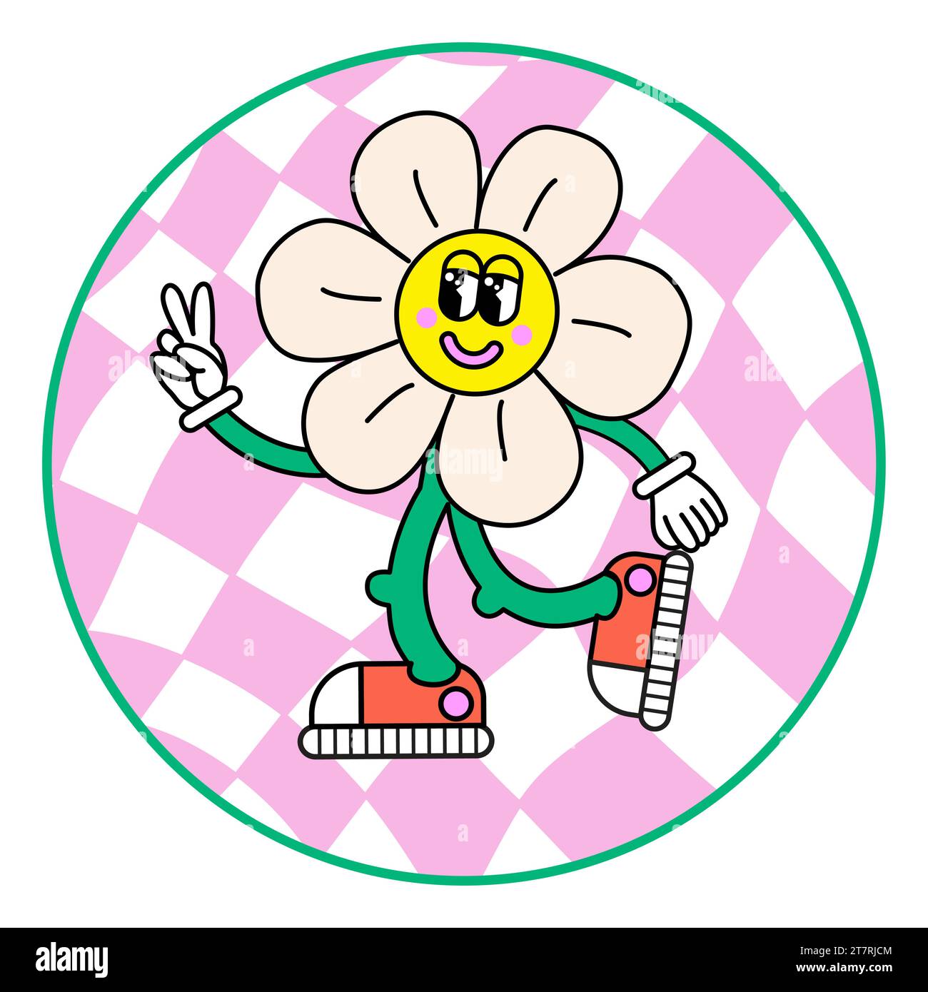 1970 Cartoon Smile Daisy with Pink Trippy Grid Background. Hippie ...