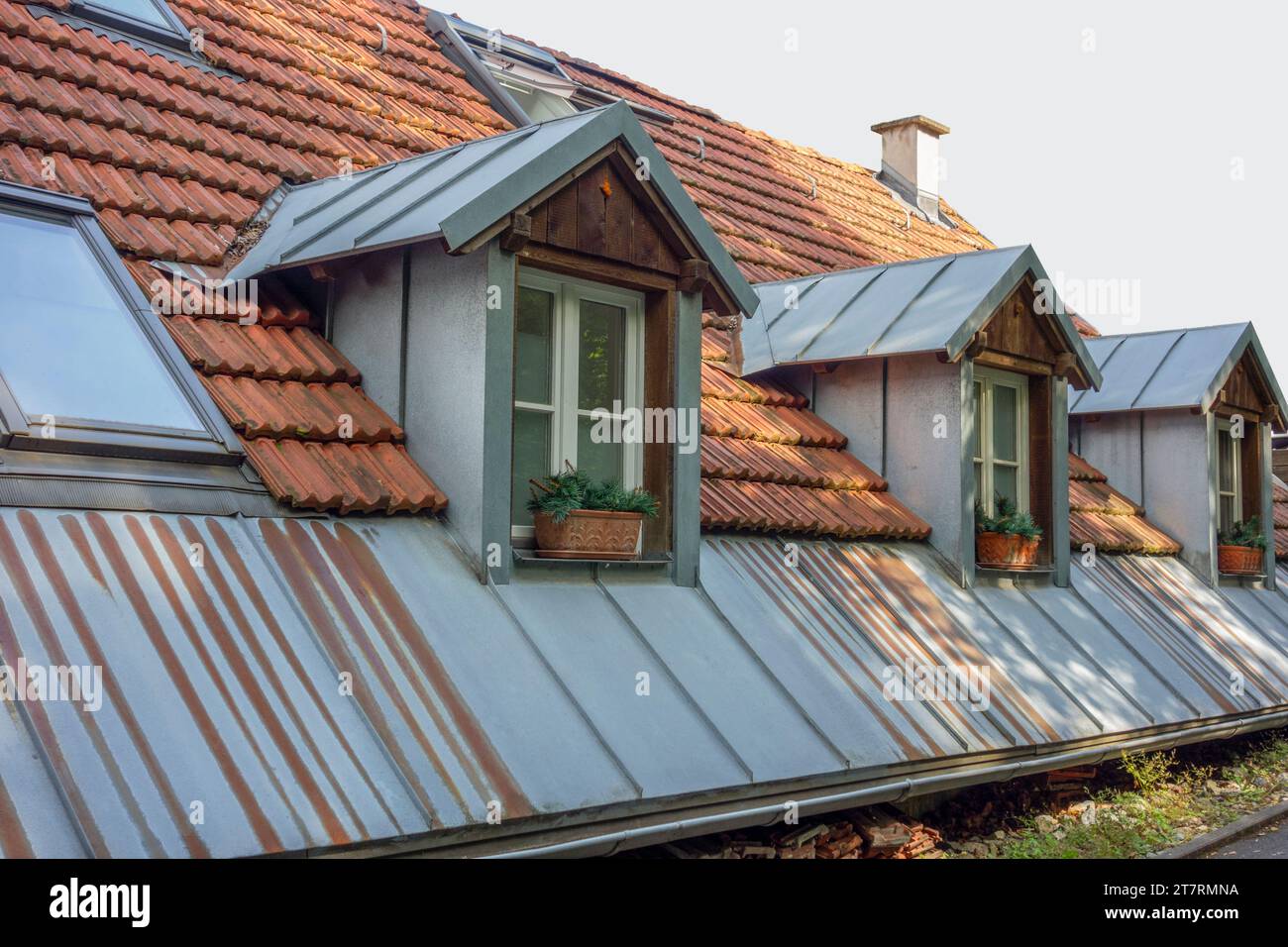 Outdoor shot of a roof including some dormers Stock Photo