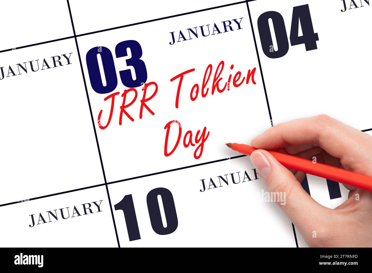 January 3. Hand writing text JRR Tolkien Day on calendar date. Save the date. Holiday.  Day of the year concept. Stock Photo