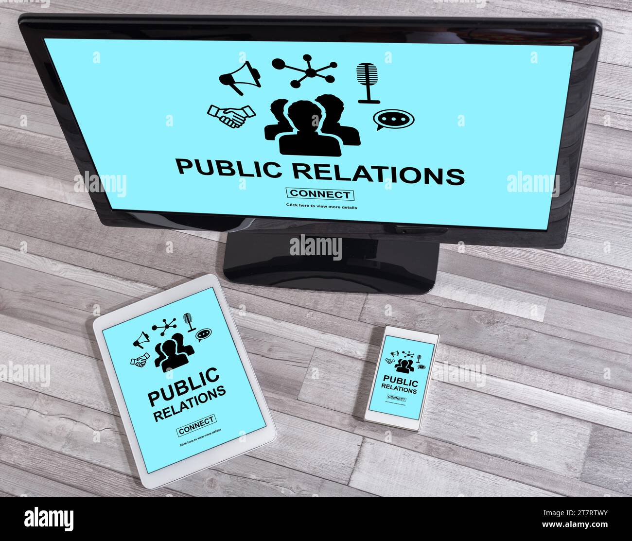 Public relations concept shown on different information technology devices Stock Photo