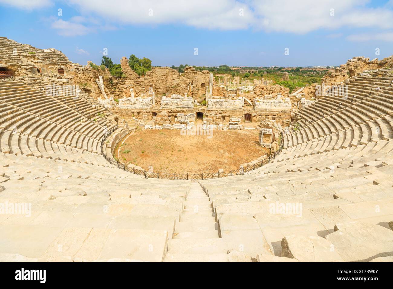 One of most striking features of Side archaeological site in Turkey, is the ancient theater. The theater's backdrop of sea and sky creates a Stock Photo