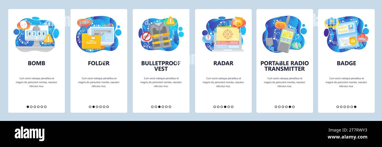 Police icons, terrorist attack. bomb timer, police badge, pistol, radar