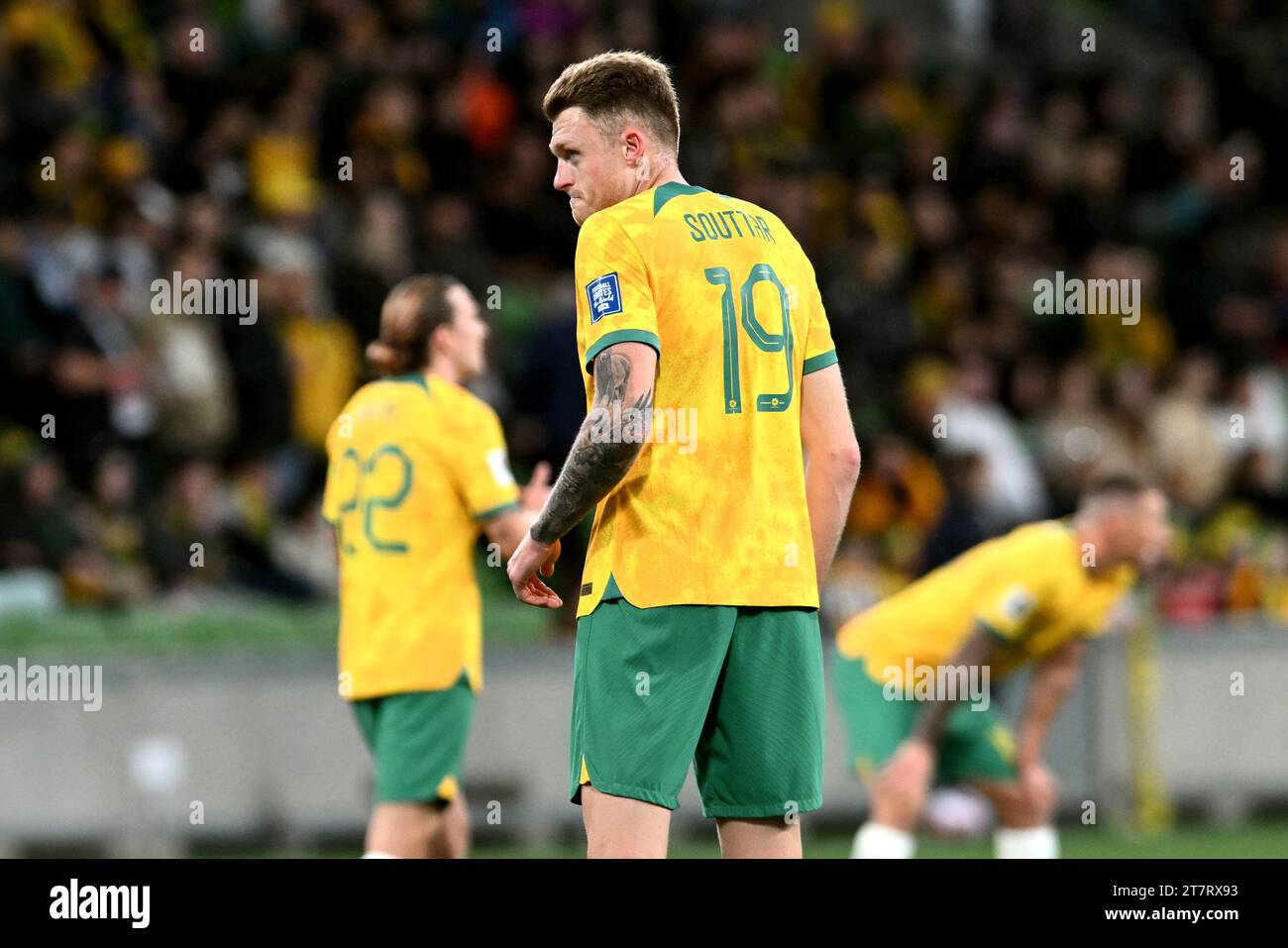 MELBOURNE, AUSTRALIA 16th November 2023. Pictured: Australian defender Harry Souttar(19) at the FIFA World Cup 2026 AFC Asian Qualifiers R1 Australia Stock Photo