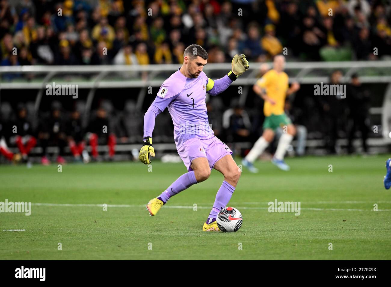 MELBOURNE, AUSTRALIA 16th November 2023. Pictured: Australian midfielder Keanu Baccus(17)at the FIFA World Cup 2026 AFC Asian Qualifiers R1 Australia Stock Photo
