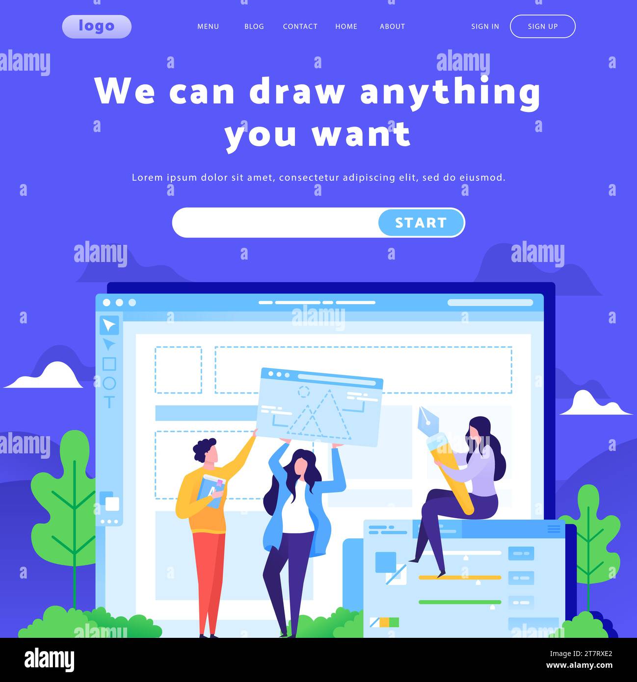 Vector web site design template. Creative team develop site wireframe. Landing page concepts for website mobile development. Modern flat illustration. Stock Vector
