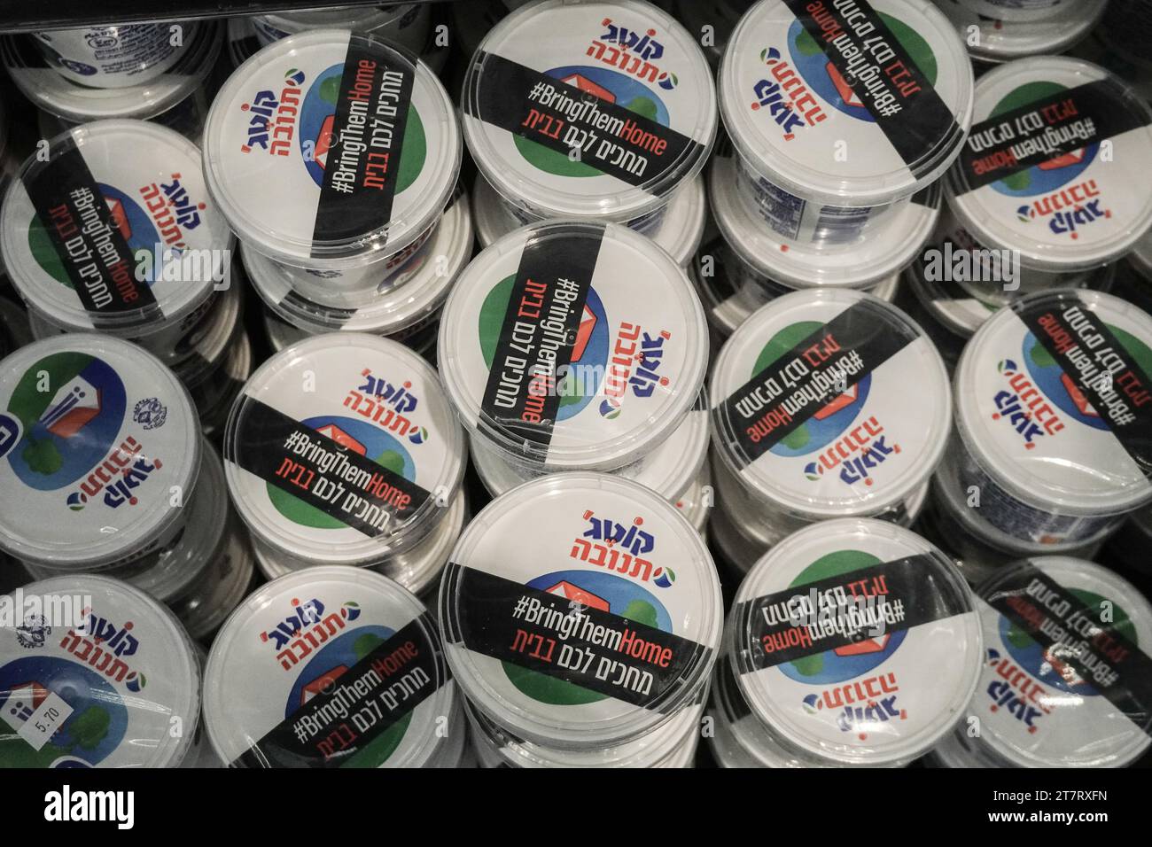 Jerusalem, Israel. 17th Nov, 2023. Israel's Tnuva cottage cheese, probably the single most popular product in Israeli supermarkets, calls for the return of hostages held by Hamas in the Gaza Strip. Israel has been engaged in a war with Hamas following massive rocket fire from the Gaza Strip into Israel on 7th October, 2023, infiltration of gunmen into Israeli territory, massacre of 1,400 civilian women and children in their homes and hostage taking of some 240 civilians, including babies and children, and soldiers. Credit: Nir Alon/Alamy Live News Stock Photo