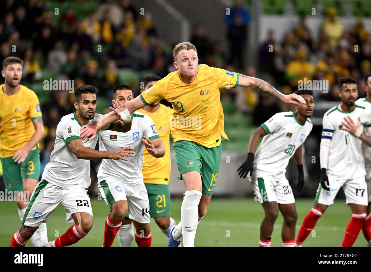 MELBOURNE, AUSTRALIA 16th November 2023. Pictured: Australian defender Harry Souttar(19) at the FIFA World Cup 2026 AFC Asian Qualifiers R1 Australia Stock Photo