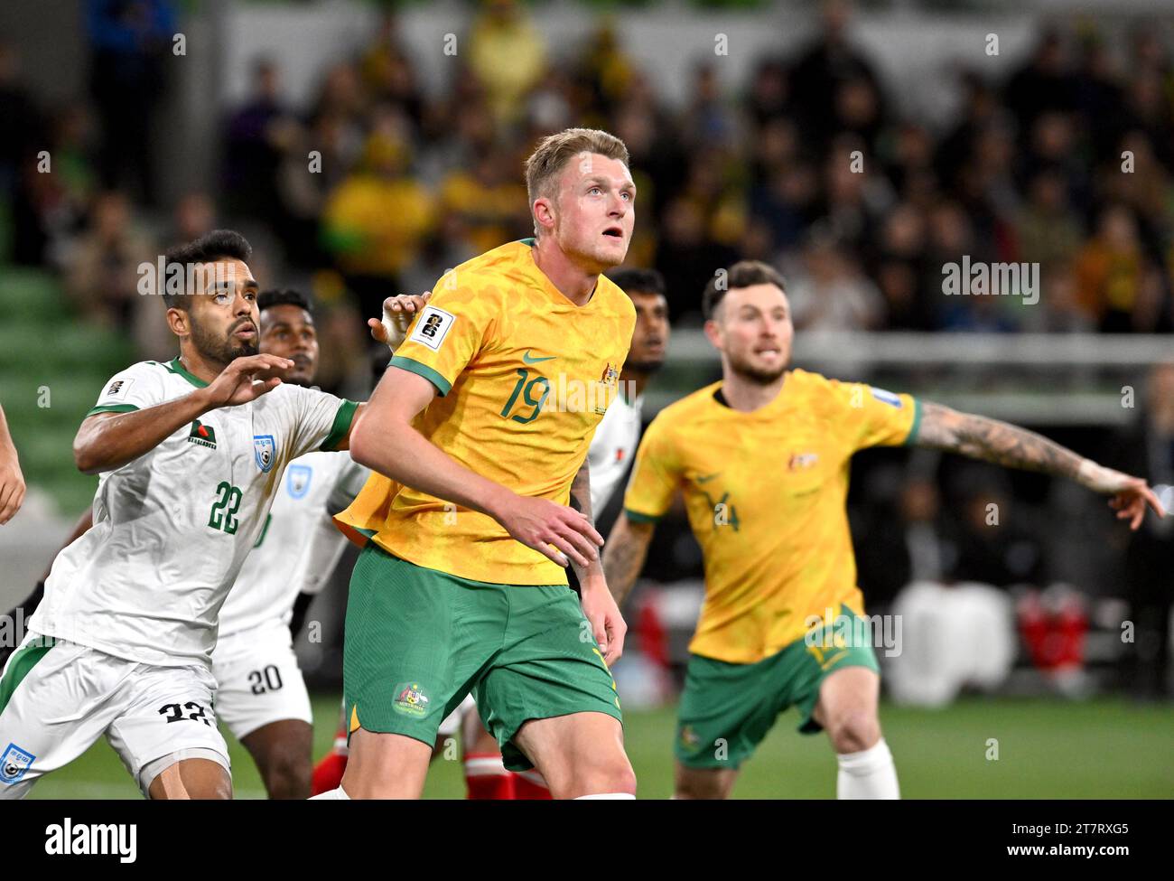 MELBOURNE, AUSTRALIA 16th November 2023. Pictured: Australian defender Harry Souttar(19) at the FIFA World Cup 2026 AFC Asian Qualifiers R1 Australia Stock Photo