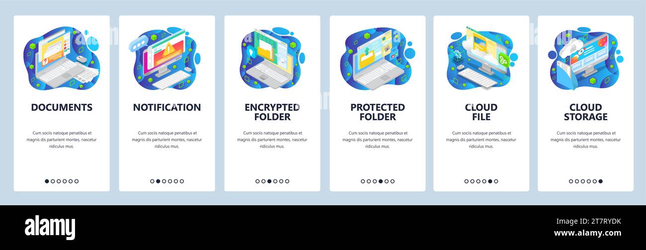 Mobile app onboarding screens. Secure cloud storage, encrypted folder, secure file access, documents, warning message. Menu vector banner template for Stock Vector