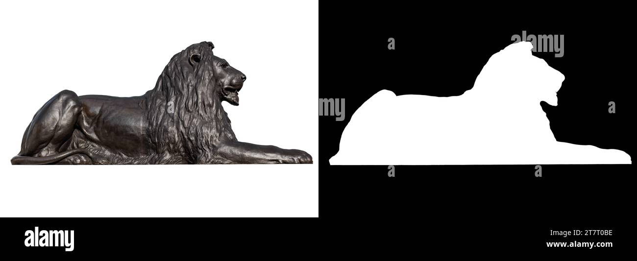 One of the four lions in Trafalgar Square, surrounding Nelson's Column, are commonly known as the ‘Landseer Lions’  isolated on white background with Stock Photo