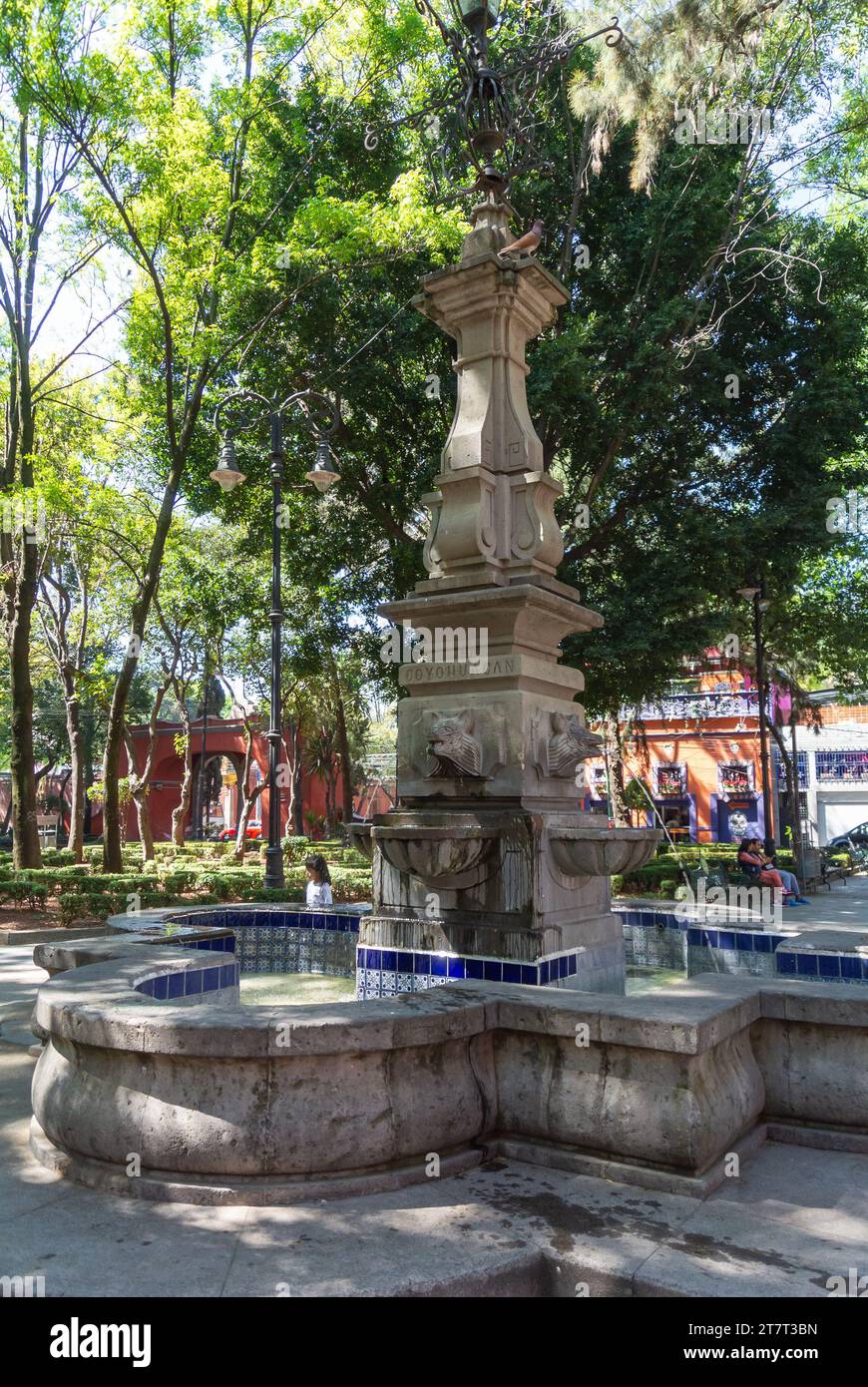 Mexico City, CDMX, Mexico, A fountain at Jardín Centenario in Coyoacan neighborhood of Mexico city, Editorial only. Stock Photo