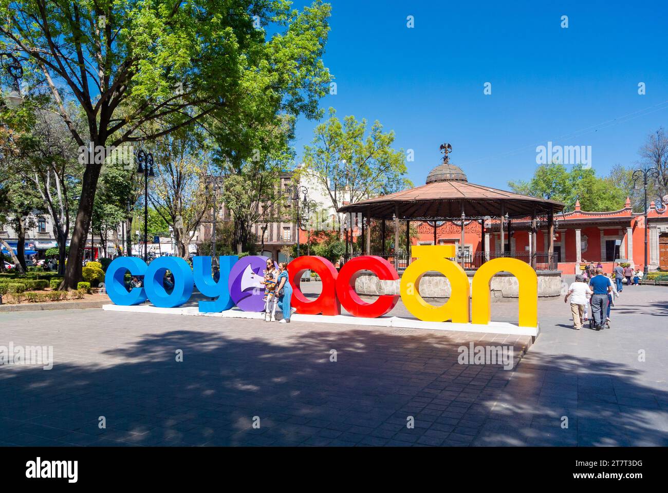 Mexico City, CDMX, Mexico, Letters of Coyoacan at Kiosco Coyoacan of plaza jardin Hidalgo, Editorial only. Stock Photo