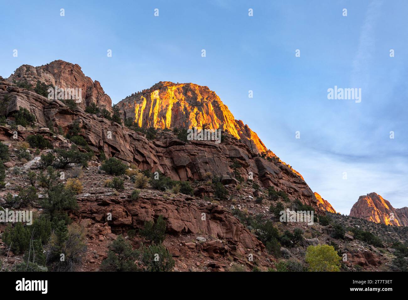 Sunset on the Pa'rus Trail from a pedestrian bridge, in Zion National Park, near Springdale, Utah. Stock Photo