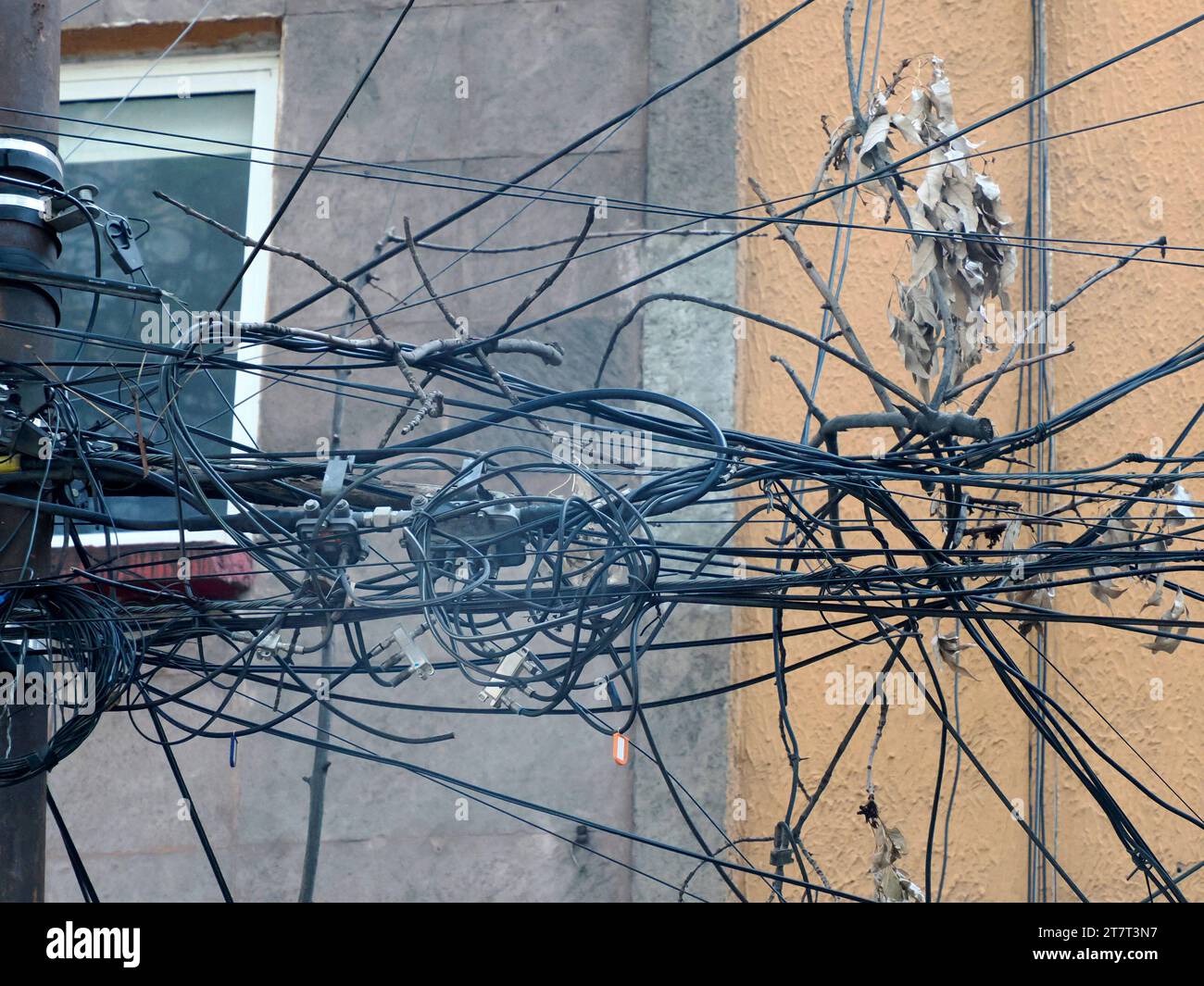 Mexico City, Messed up power lines and connection cables. Many tangled