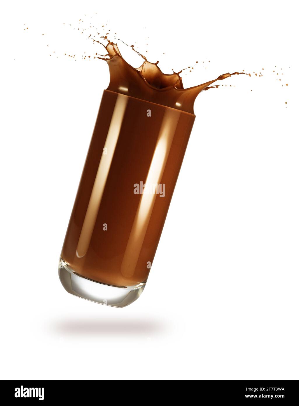 Tilted high ball glass of chocolate drink with splash isolated on white