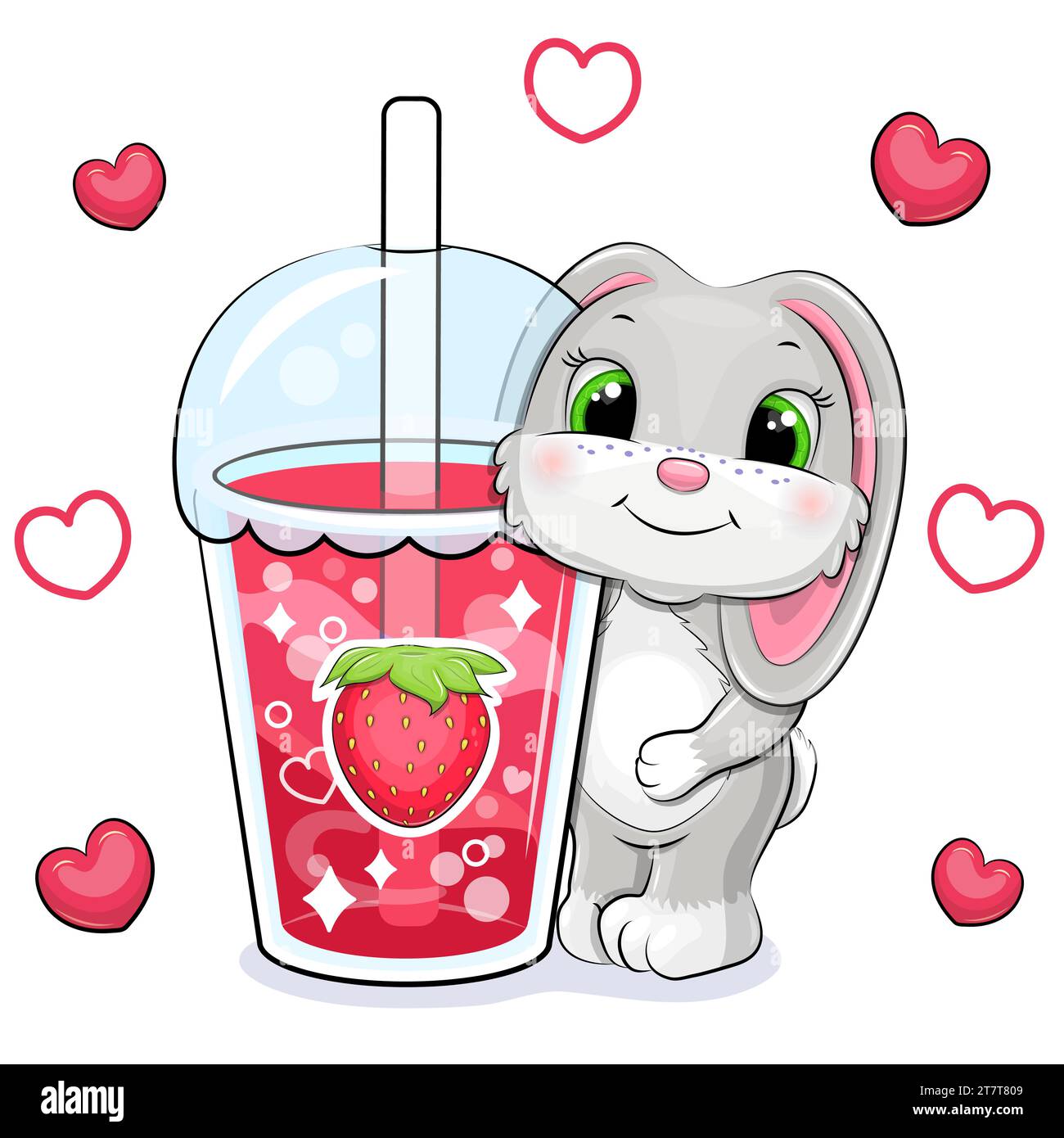 Cute cartoon bunny with a big strawberry drink. Vector