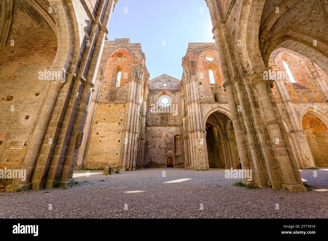 Transept elevation of abandoned San Galgano Abbey, a Cistercian monastery from the Middle Ages built in Chiusdino, a Tuscany countryside village in Ce Stock Photo