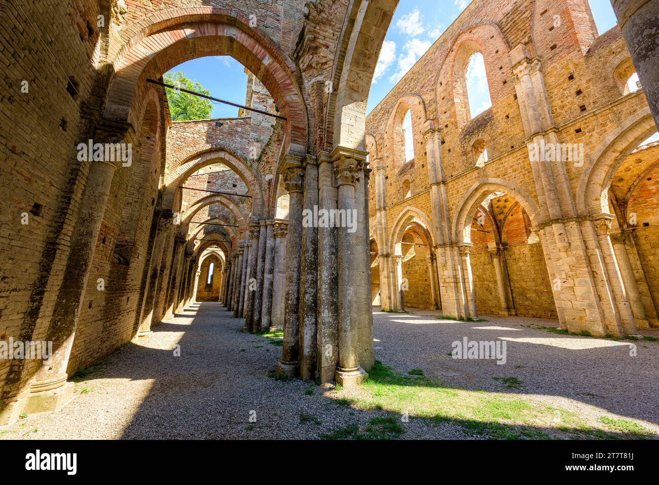 Main hall of abandoned San Galgano Abbey, a Cistercian monastery from the Middle Ages built in Chiusdino, a Tuscany countryside village in Central Ita Stock Photo
