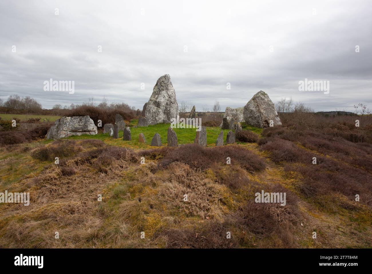 A Neolithic stone circle with standing stones Stock Photo