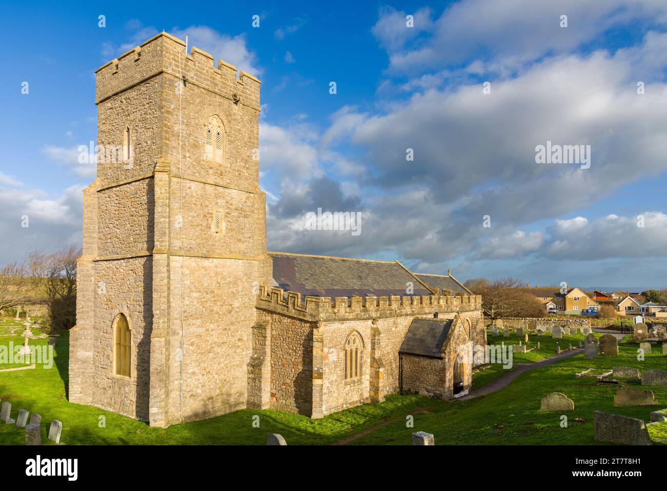 St Mary’s church in the coastal village of Berrow, Somerset, England. Stock Photo