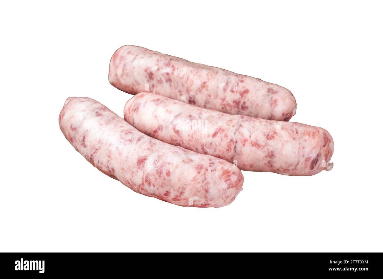 Fresh Raw Bratwurst meat sausages ready for cooking on wooden board. Isolated, white background Stock Photo