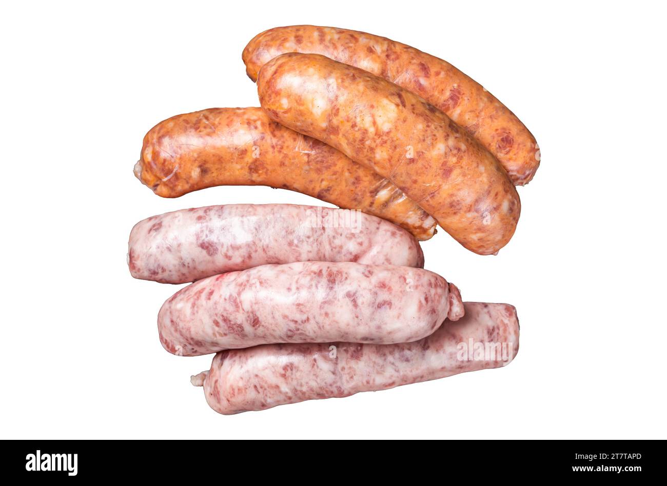 Uncooked Raw mix sausages for BBQ with spices in steel tray. Isolated, white background Stock Photo