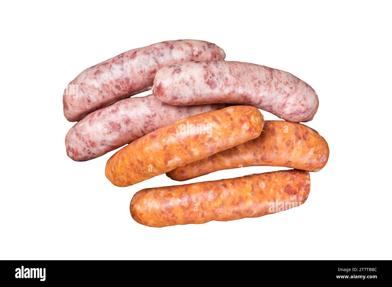 Fresh Raw Bratwurst and Chorizo meat sausages on wooden board. Isolated, white background Stock Photo