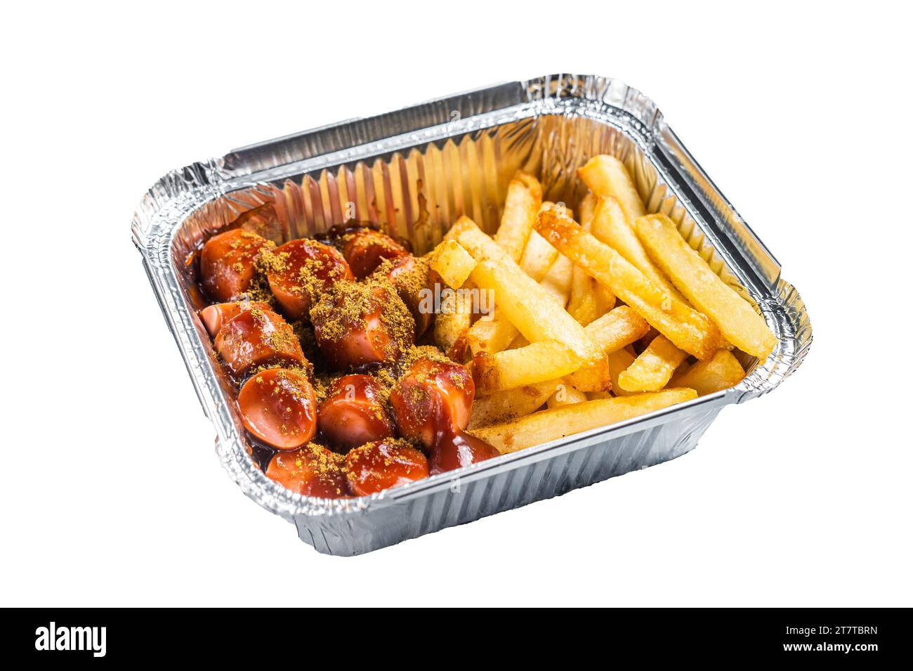 Traditional German currywurst with french fry served take away