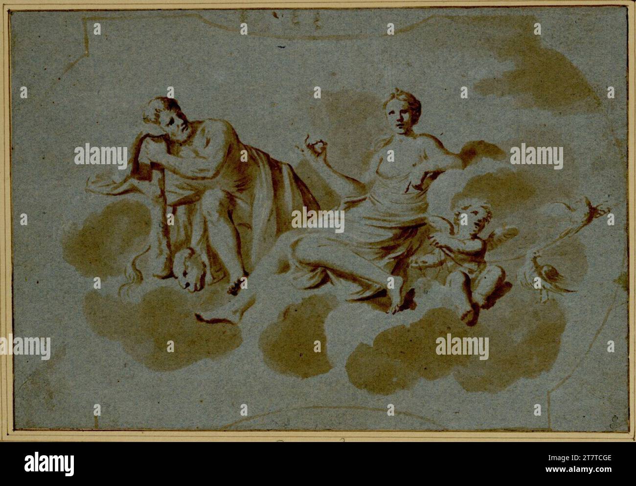 Francesco Fracanzano Allegory. (Venus sitting on clouds, to the right of her amor, Hercules on the left, to whom she reaches an apple). Brush in brown; White grown; Blue paper; Bombed and rounded bezel limitation in brushes Stock Photo