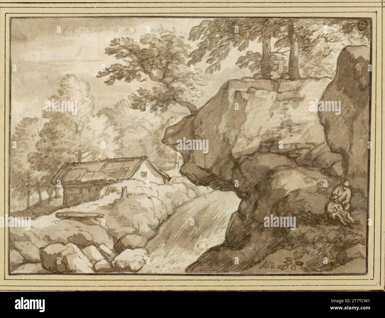 Allart van Everdingen Rock landscape with waterfall and log cabin ...
