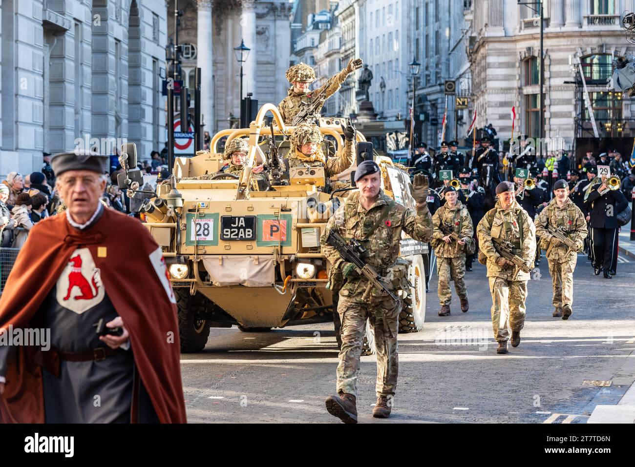 The Royal Yeomanry group at the Lord Mayor's Show procession 2023 in Poultry, in the City of London, UK. British Army Supacat Jackal or MWMIK Stock Photo