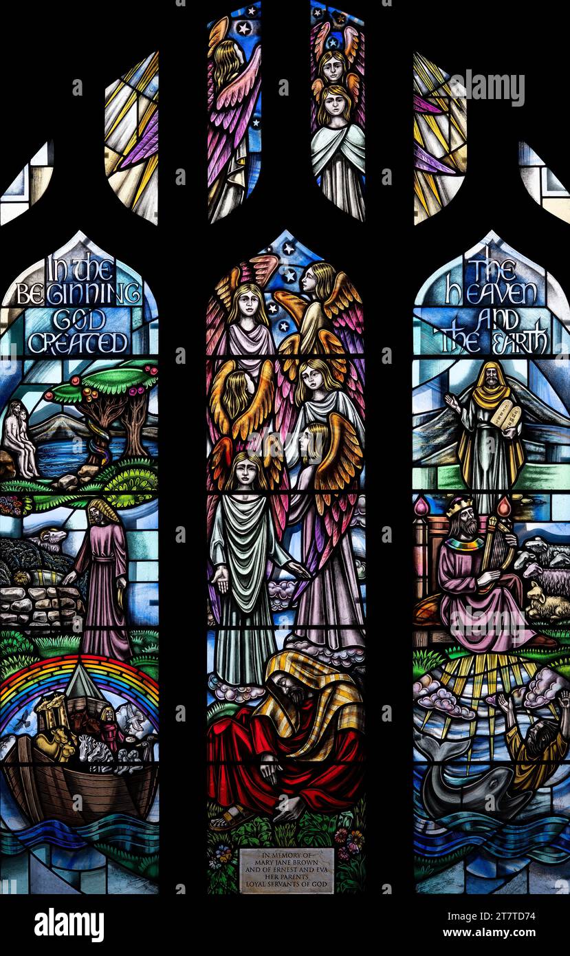 Old Testament images depicted in 21st century stained glass, St Michael's Church, Workington, Cumbria, UK Stock Photo