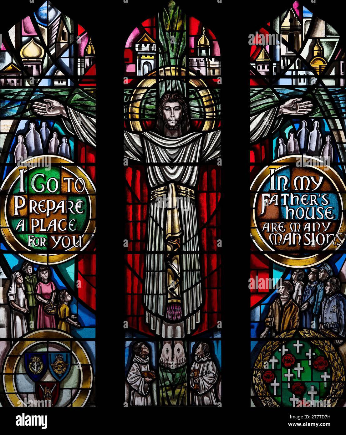 21st century stained glass depicting St John: Chapter 14 verses 3-5, 'I go to prepare a place for you', St Michael's Church, Workington, Cumbria, UK Stock Photo