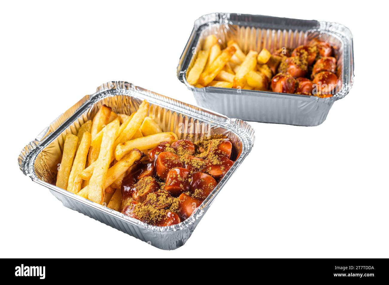 Traditional German currywurst with french fry served take away. Isolated, white background Stock Photo