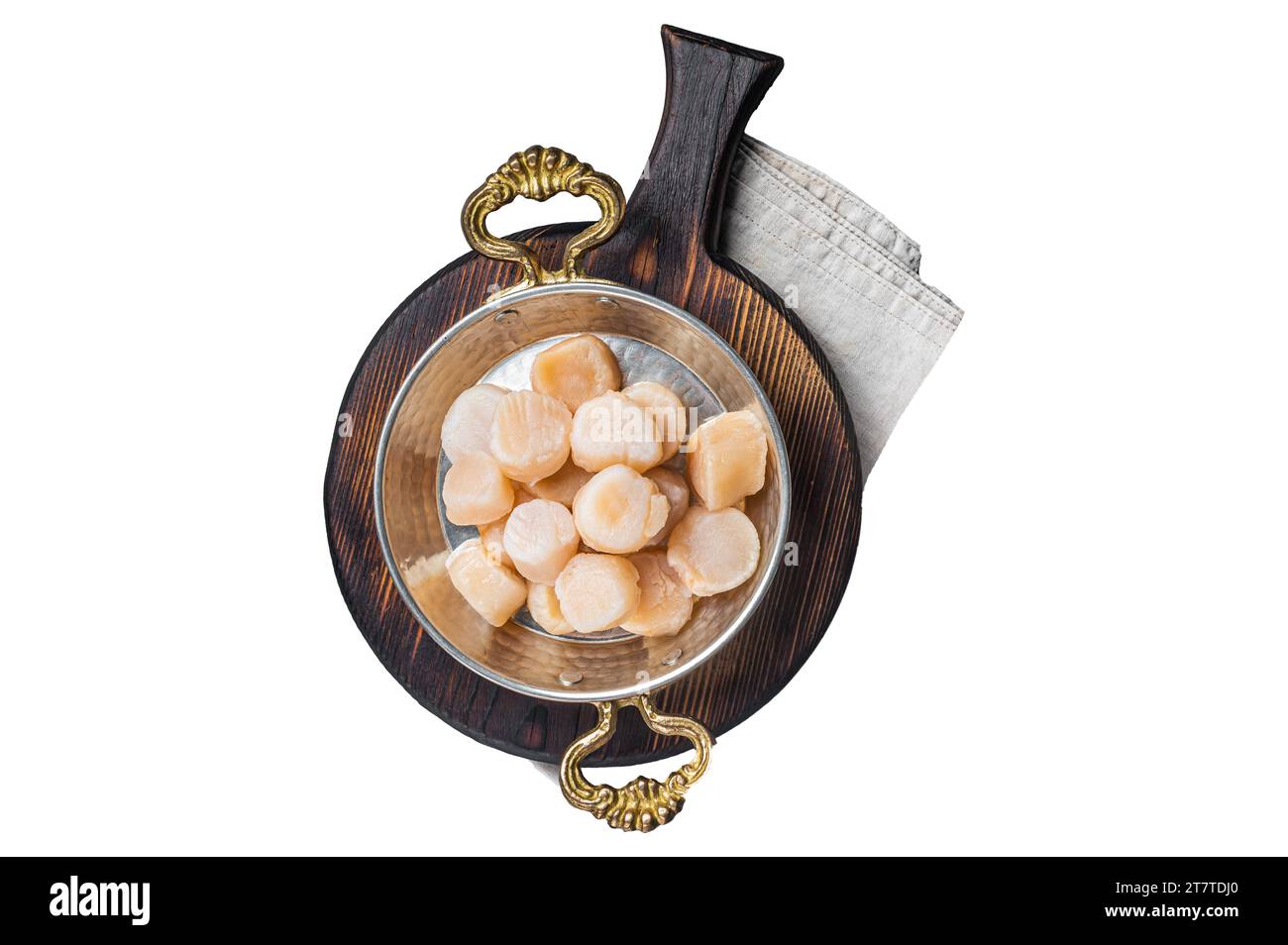 Raw sea scallops fillets in a skillet. Isolated, white background Stock Photo