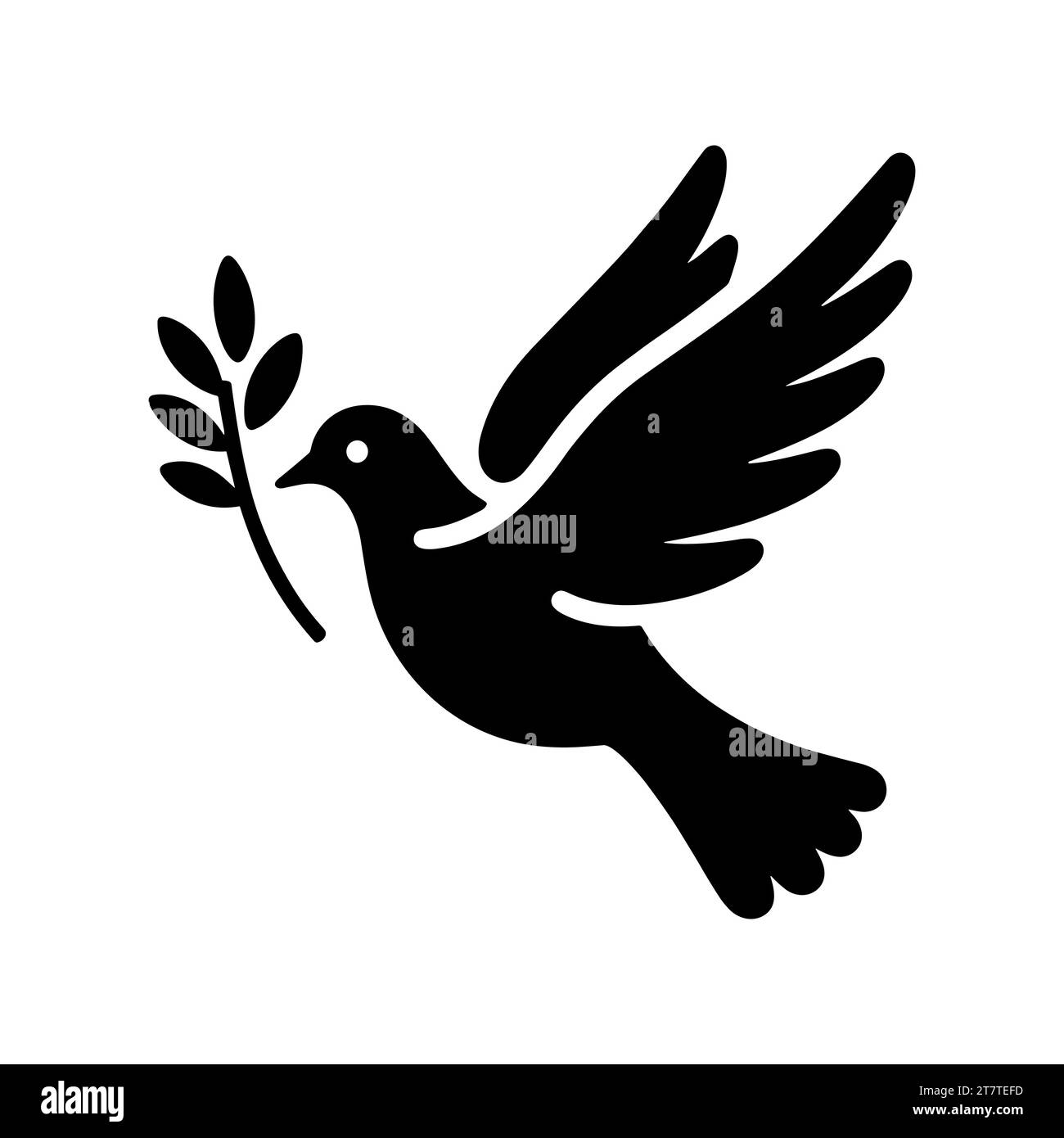 Dove icon. Black silhouette of a dove in flight carrying an olive branch on a white background. Peace symbol. Religious icon. Vector illustration. Stock Vector