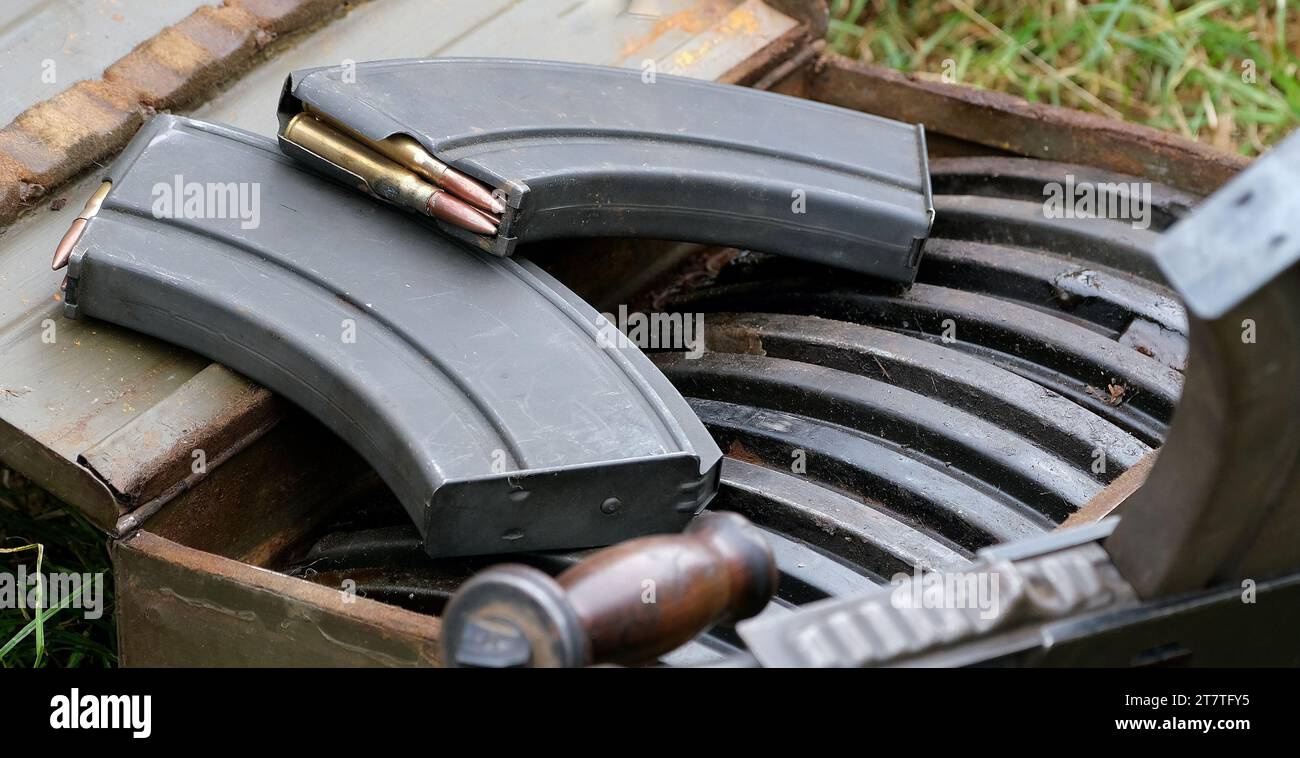 Victory Show, leicester, UK, 2023. Cartridges in belt and links for