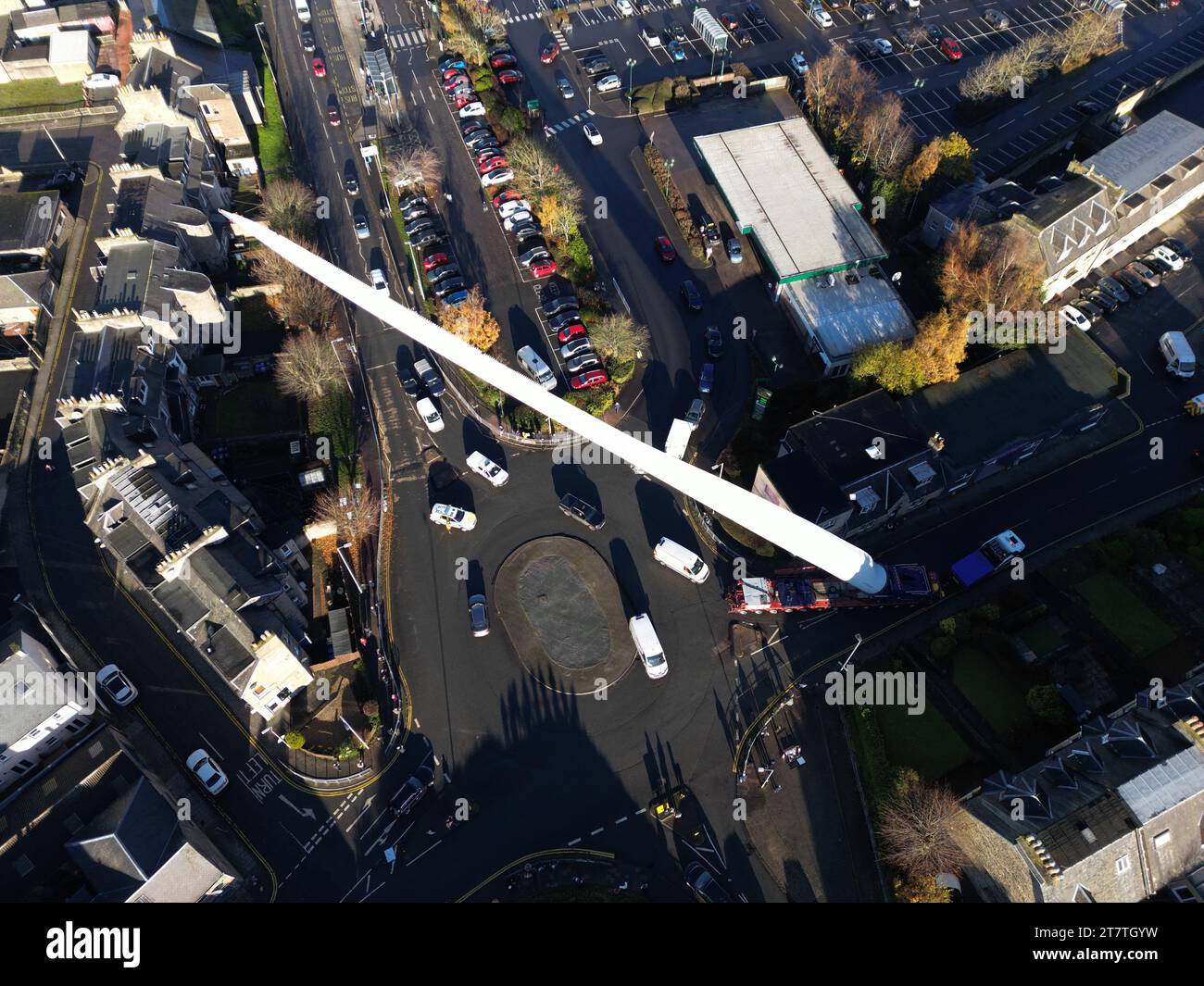 Hawick, UK. 17th Nov, 2023. The second wind turbine blade moves on a transport vehicle in Mart Street, Hawick. Heading towards the site at Pine Burns Wind Farm. This is blade 2 of 21 in the first phase of development. Credit: Rob Gray/Alamy Live News Stock Photo