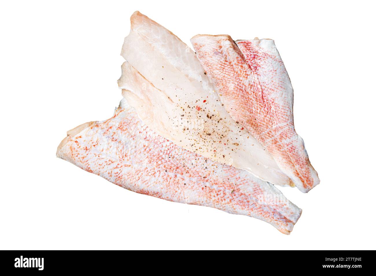 Uncooked ocean red perch fillet, redfish with herbs and spices. Isolated, white background Stock Photo