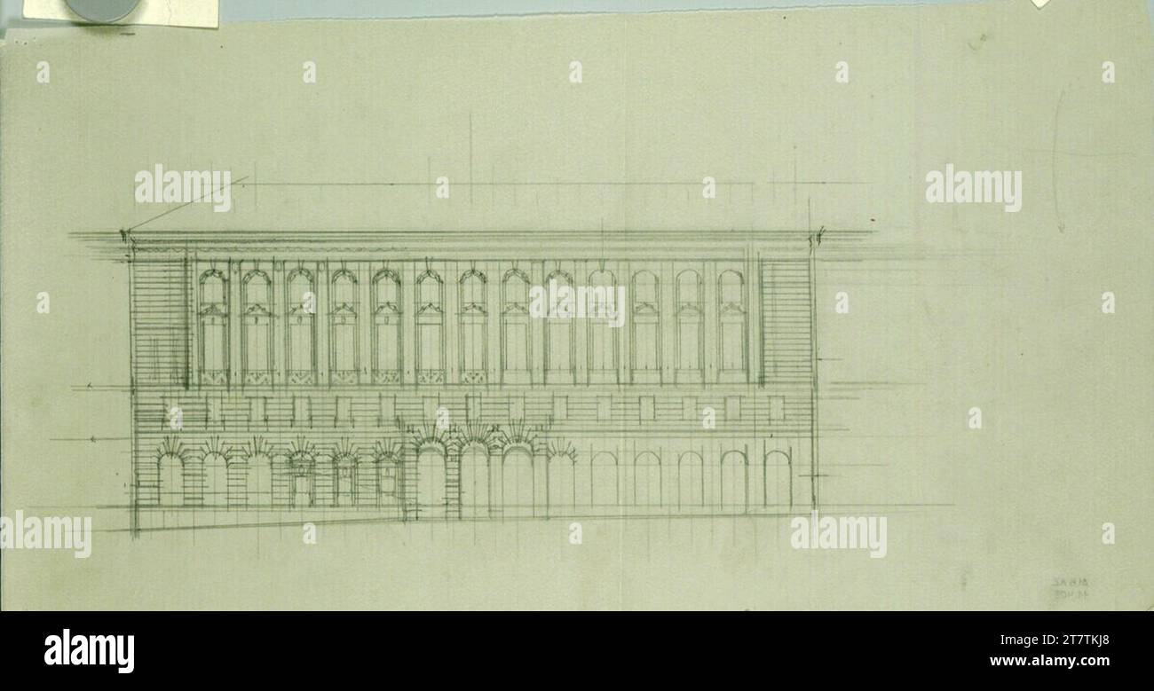 Alfred Castelliz Reichenberg (Liberec, Northern Bohemia), German Volkshaus, design, front view. Aquafix; Pencil drawing Stock Photo