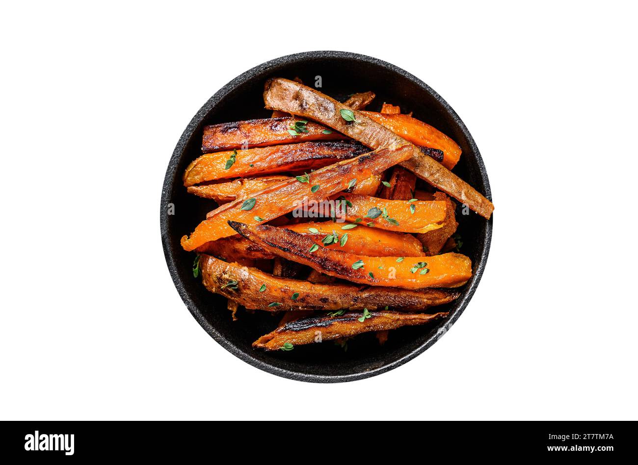 Vegetarian Oven baked sweet potato fries. Isolated, white background