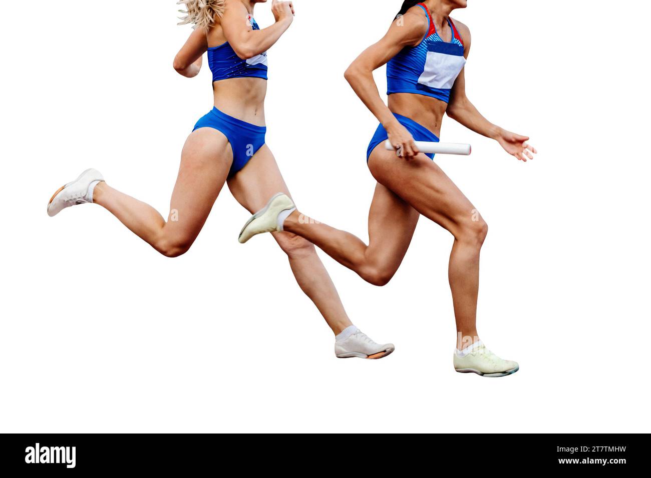 running women track and field team relay race 4 × 100 metres in summer