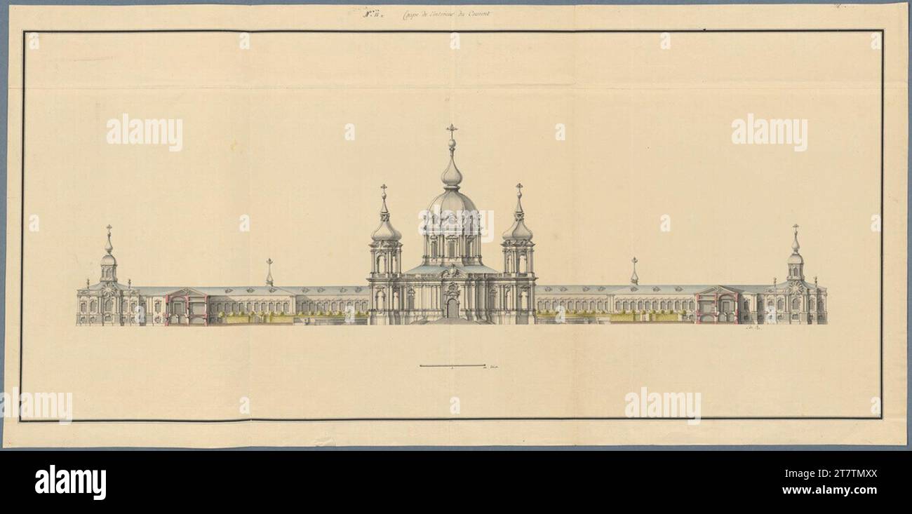Bartolomeo Francesco Rastrelli St. Petersburg, Smolny monastery, monastery facility and church, cross -section and tear of the west facade. Pen drawing; Paper; Construction lines in graphite, spring in gray and black, multi -colored lavated 1748 , 1748 Stock Photo