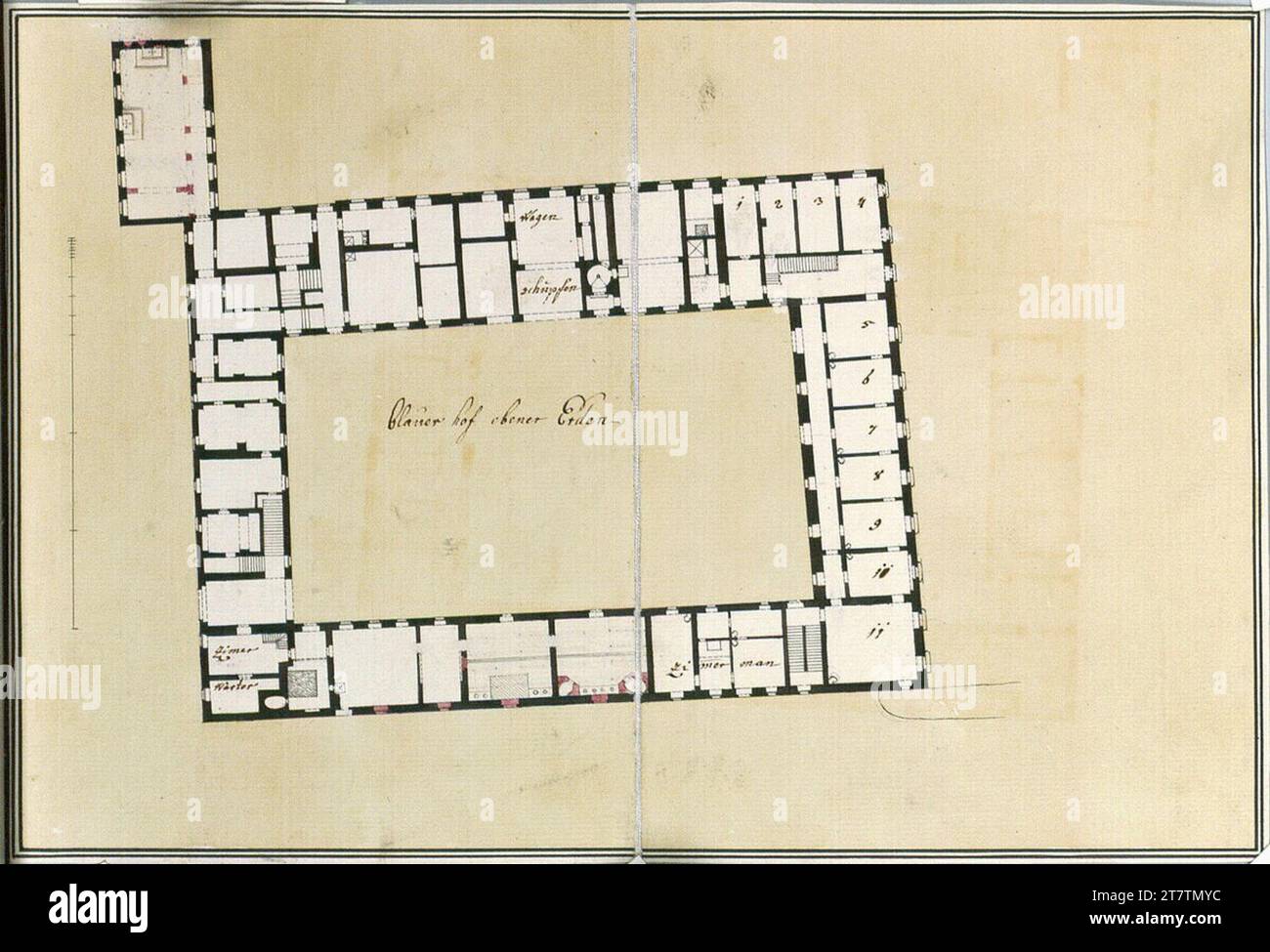 unbestimmt (An der Entstehung Beteiligte r) Laxenburg, castle, blue farm, floor plan, ground floor. Paper; Pen drawing; Graphite (before) drawing, spring in black, olive green and red lavated; Verso: black stamp Stock Photo