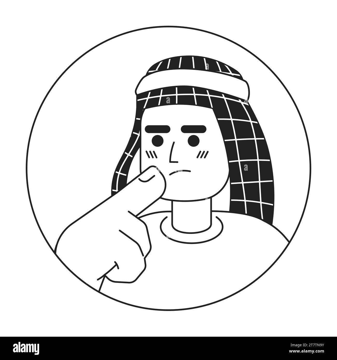 Keffiyeh Arab Man Touching Chin Black And White 2D Vector Avatar 