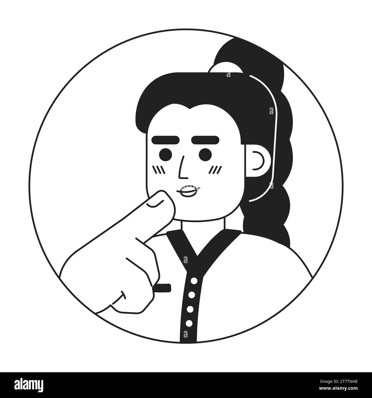 Braided ponytail caucasian girl stroking chin black and white 2D vector