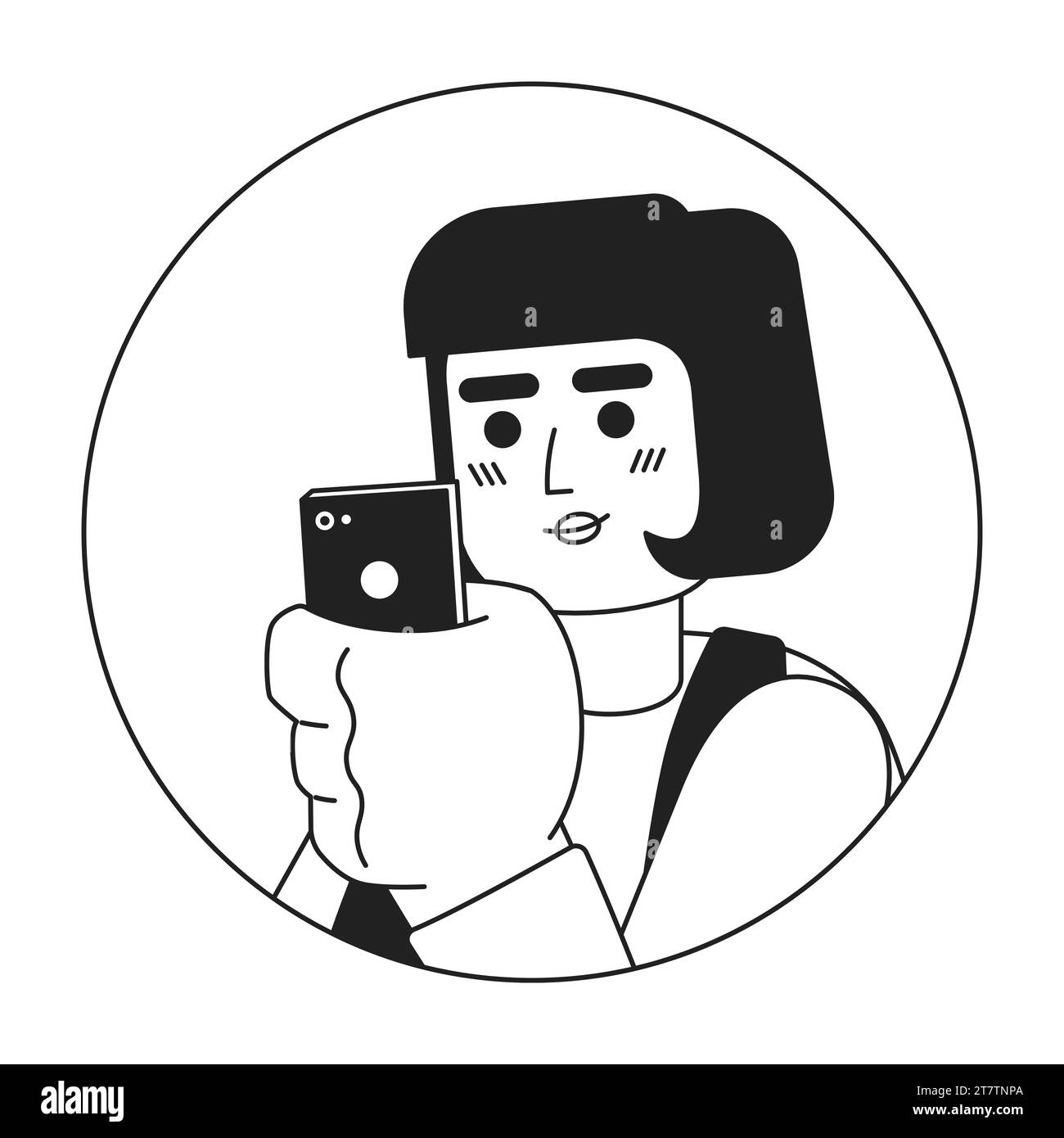 Smartphone woman caucasian bob hair black and white 2D vector avatar